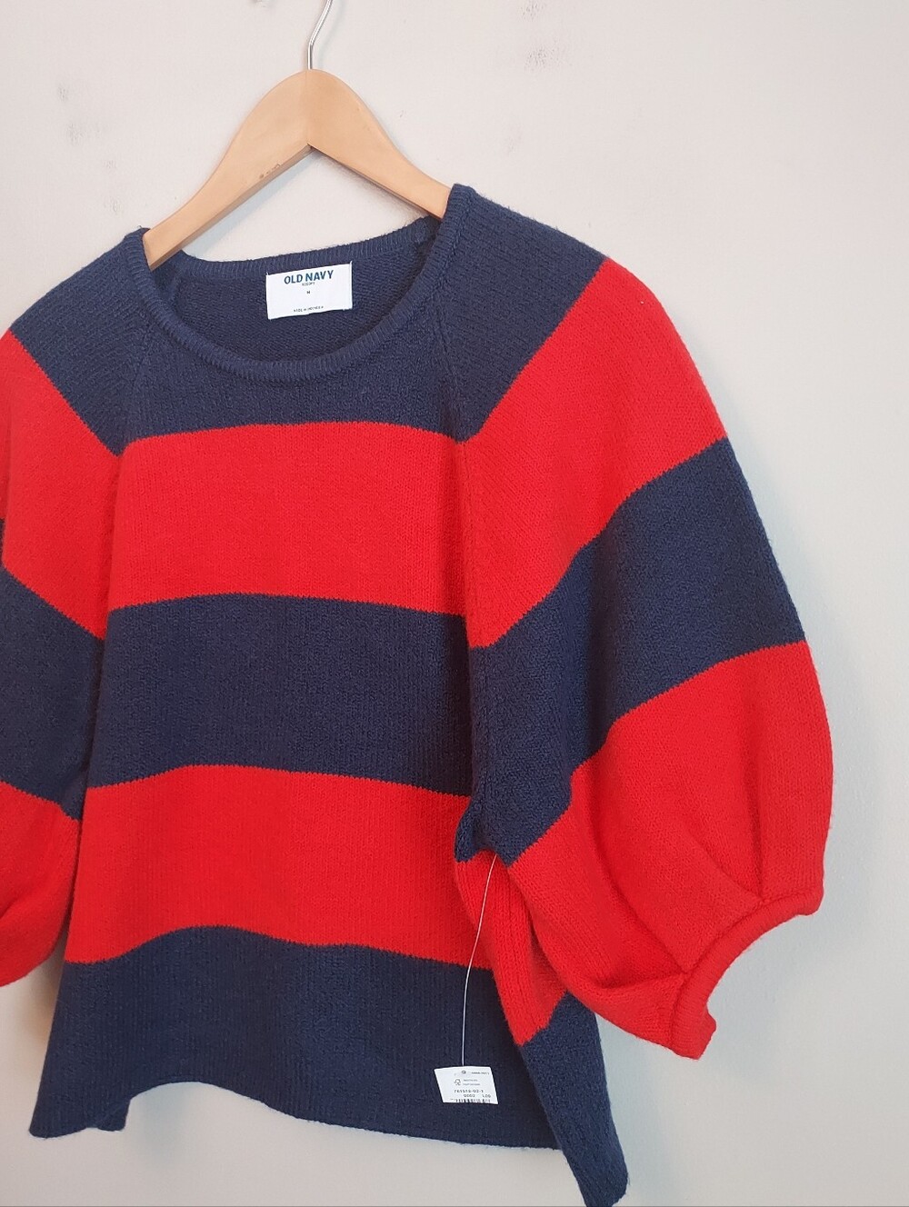 Old Navy Rugby Stripe Sweater Short Puff Sleeve Navy Blue Red Medium NEW NWT - Picture 6 of 15